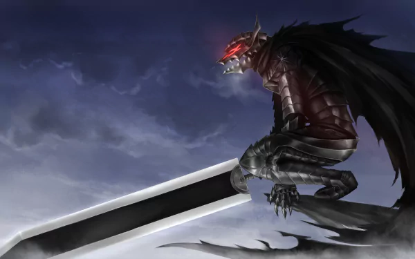 HD wallpaper of Guts from the anime Berserk, showcasing him in his Berserker Armor with a massive sword against a dark, stormy sky background.