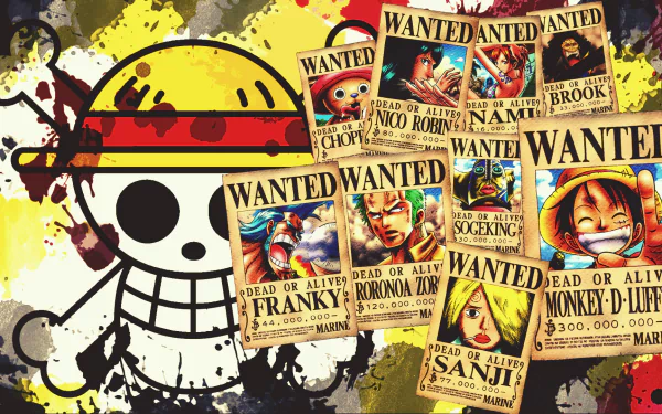 HD PC desktop wallpaper featuring One Piece anime's iconic Straw Hat Pirates wanted posters overlaid on the series' Jolly Roger symbol with a grunge background.