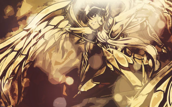 HD wallpaper featuring an armored character from the anime Saint Seiya, showcasing a radiant, golden hue with intricate details.