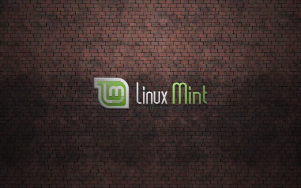 HD desktop wallpaper featuring the Linux Mint logo against a textured brick background. The design combines technology and rustic elements.
