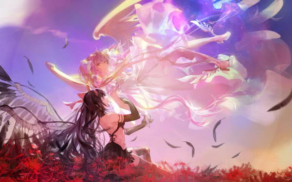 HD PC desktop wallpaper featuring Homura Akuma, Homura Akemi, Ultimate Madoka, and Madoka Kaname from the anime Puella Magi Madoka Magica in a vivid, dynamic scene.