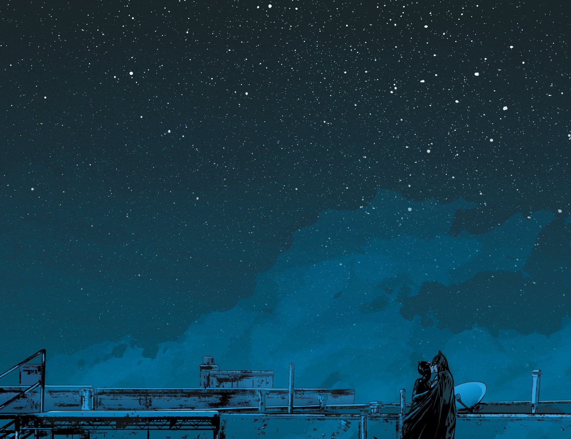 4K Ultra HD PC desktop wallpaper: comic-style Catwoman crouches on a rooftop as Batman's silhouette watches beneath a starry night sky.