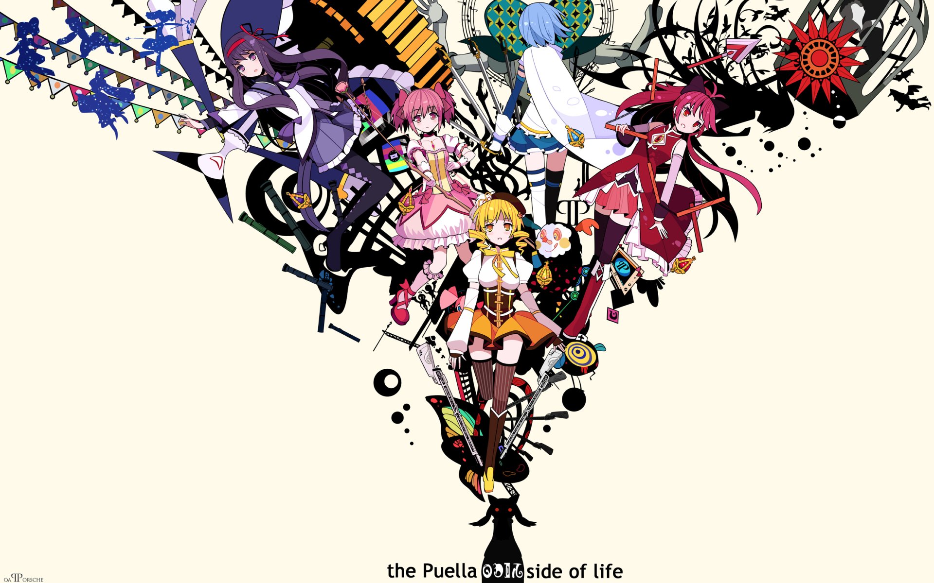 HD desktop wallpaper featuring anime characters Sayaka Miki, Mami Tomoe, Kyōko Sakura, Madoka Kaname, and Homura Akemi from Puella Magi Madoka Magica in a vibrant and dynamic design.
