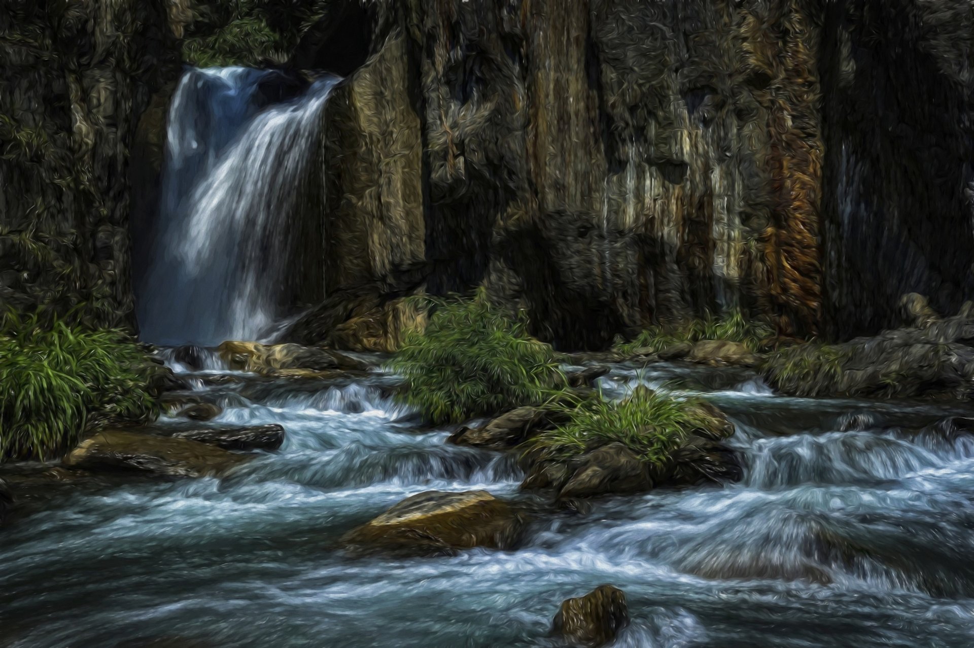 HD oil painting of a serene waterfall cascading over cliffs into a flowing river, surrounded by lush greenery, designed as a nature-themed PC desktop wallpaper.