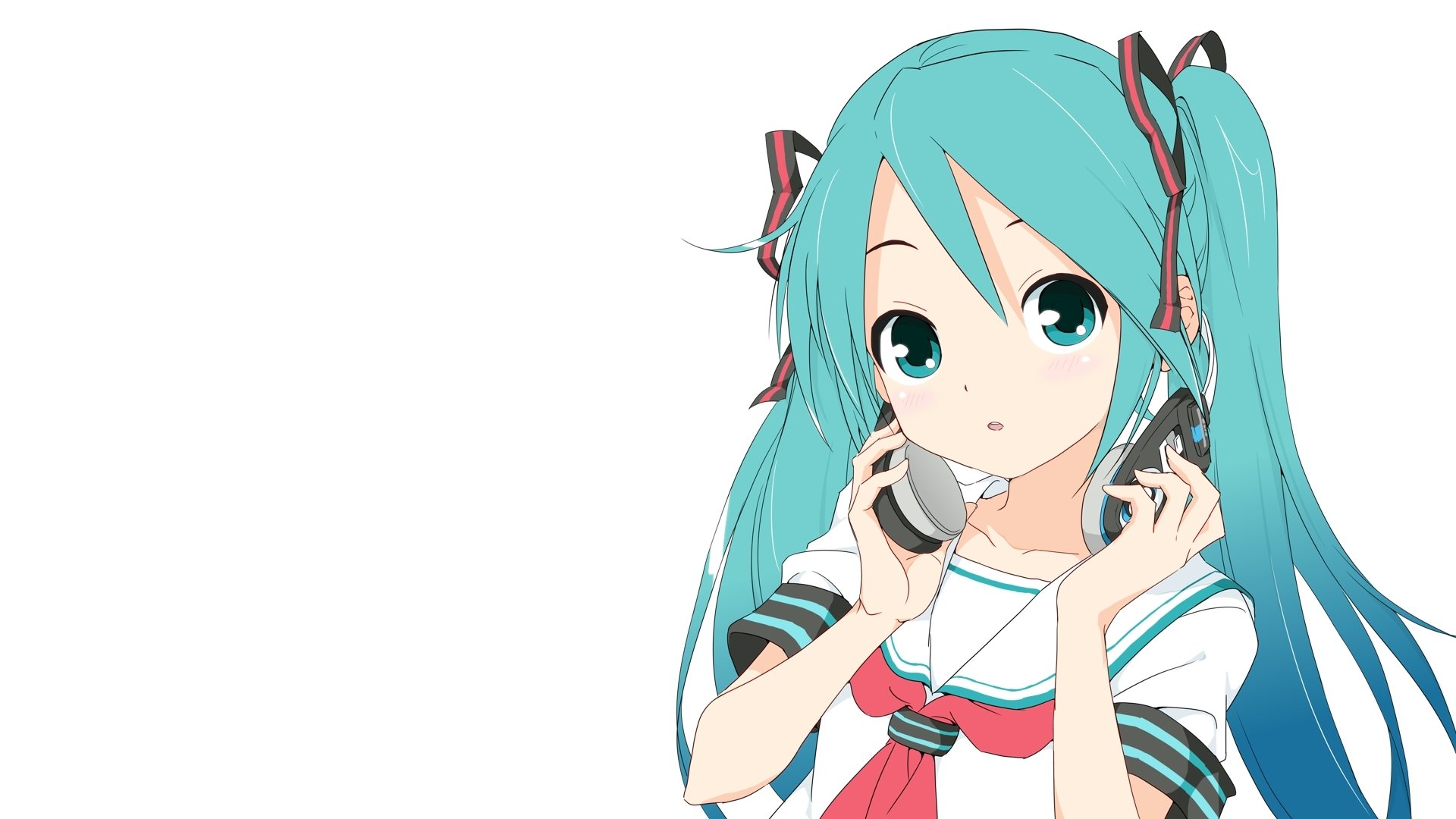 HD desktop wallpaper featuring Hatsune Miku, an anime character from Vocaloid, with her signature turquoise twin-tails and wearing a sailor-style outfit, holding headphones with a thoughtful expression.