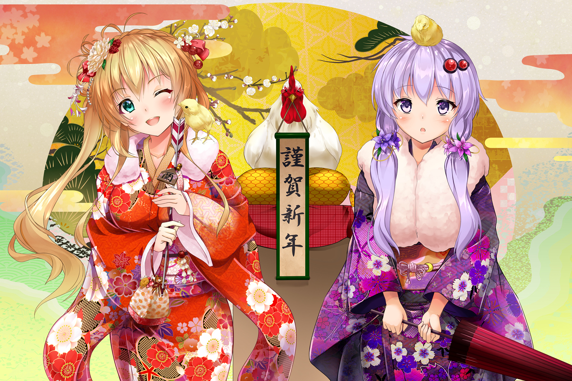 HD PC desktop wallpaper featuring anime-style Vocaloids Yuzuki Yukari and Maki Tsurumaki dressed in vibrant traditional kimonos with a festive background.