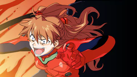 Asuka Langley Sohryu in her red plug suit, hair streaming and screaming against a fiery orange-to-black background — 2K Quad HD anime PC desktop wallpaper (End of Evangelion).