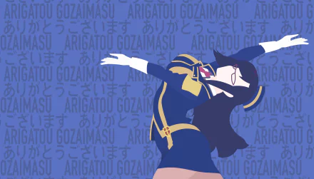 HD PC desktop wallpaper featuring an anime character from KonoSuba - God’s blessing on this wonderful world!! striking a dynamic pose against a blue background with Japanese text.