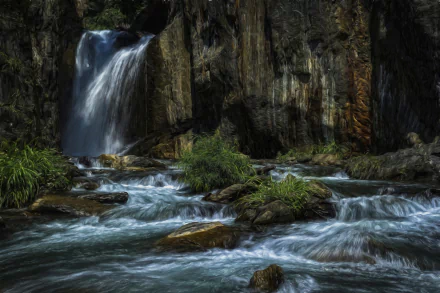 HD oil painting of a serene waterfall cascading over cliffs into a flowing river, surrounded by lush greenery, designed as a nature-themed PC desktop wallpaper.