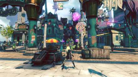HD desktop wallpaper from Gravity Rush 2 featuring a character exploring a vibrant, bustling city square with floating elements.