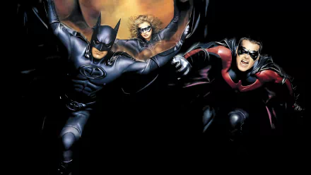 Batman, Nightwing, and Batgirl unite in this dynamic scene from Batman & Robin, featuring Chris O'Donnell, Alicia Silverstone, and George Clooney as iconic heroes.
