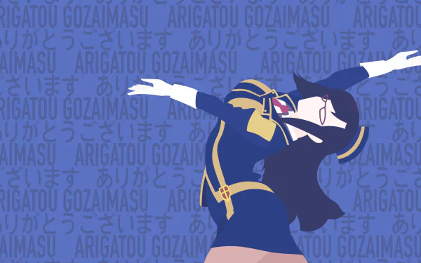 HD PC desktop wallpaper featuring an anime character from KonoSuba - God’s blessing on this wonderful world!! striking a dynamic pose against a blue background with Japanese text.