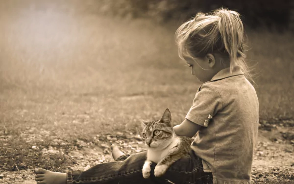 A sepia-toned image of a little girl sitting outdoors with a cat in her lap, capturing a tender moment of companionship. This HD wallpaper adds warmth and charm to any desktop background.