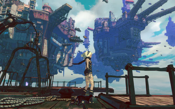 HD desktop wallpaper featuring a scene from Gravity Rush 2 with a character overlooking a floating cityscape under a blue sky.
