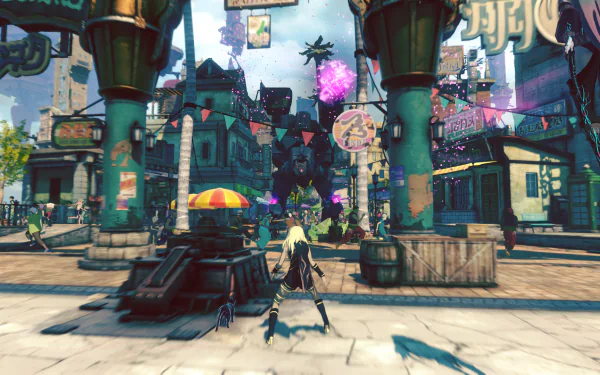 HD desktop wallpaper from Gravity Rush 2 featuring a character exploring a vibrant, bustling city square with floating elements.