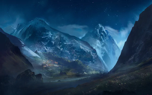 HD desktop wallpaper featuring an artistic night landscape with a village nestled in a valley surrounded by towering mountain peaks.