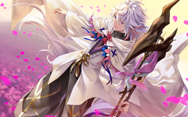 HD desktop wallpaper featuring Merlin from the Fate Series in Fate/Grand Order, showcasing intricate details and vibrant colors against a backdrop of pink flower petals.