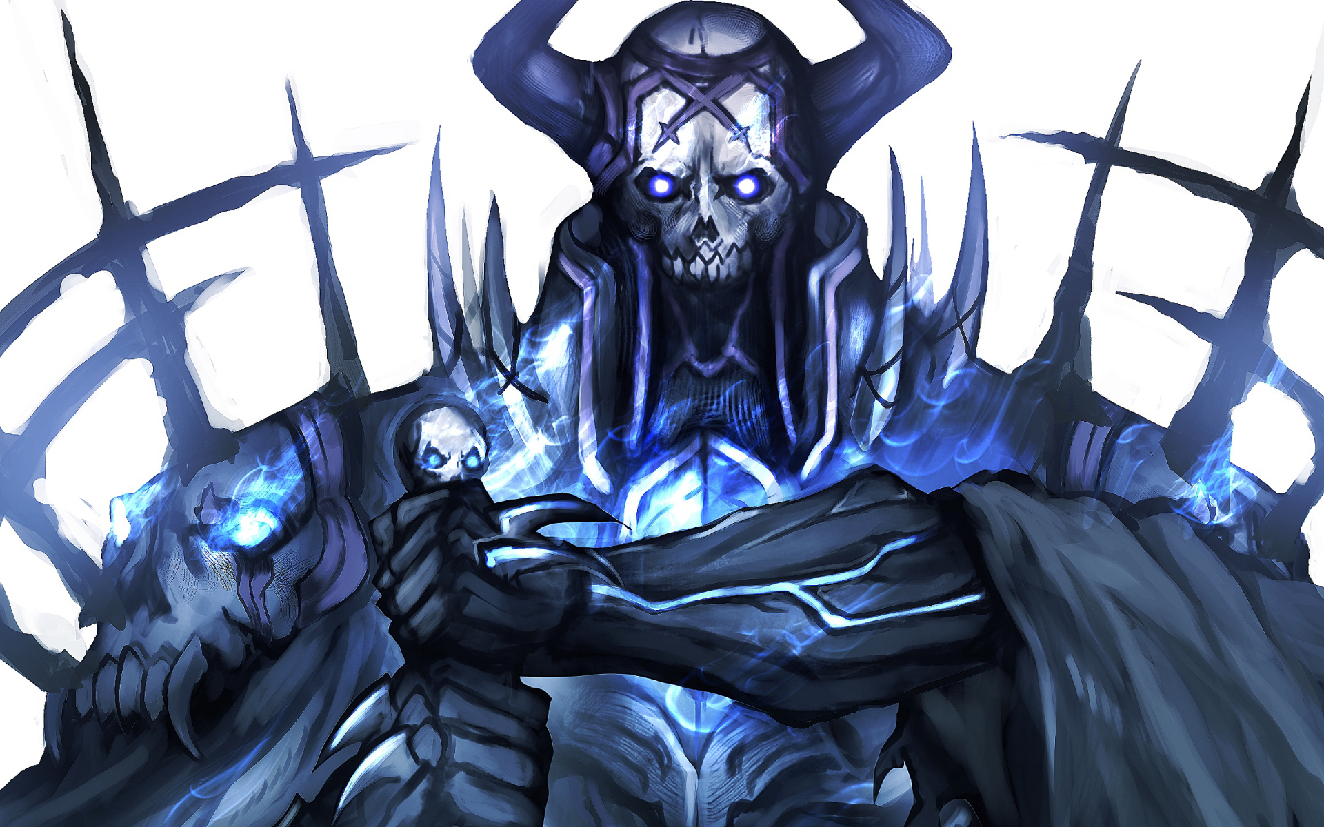 HD PC desktop wallpaper featuring King Hassan from the anime Fate/Grand Order, depicted with a dark, skeletal, and glowing blue aura.