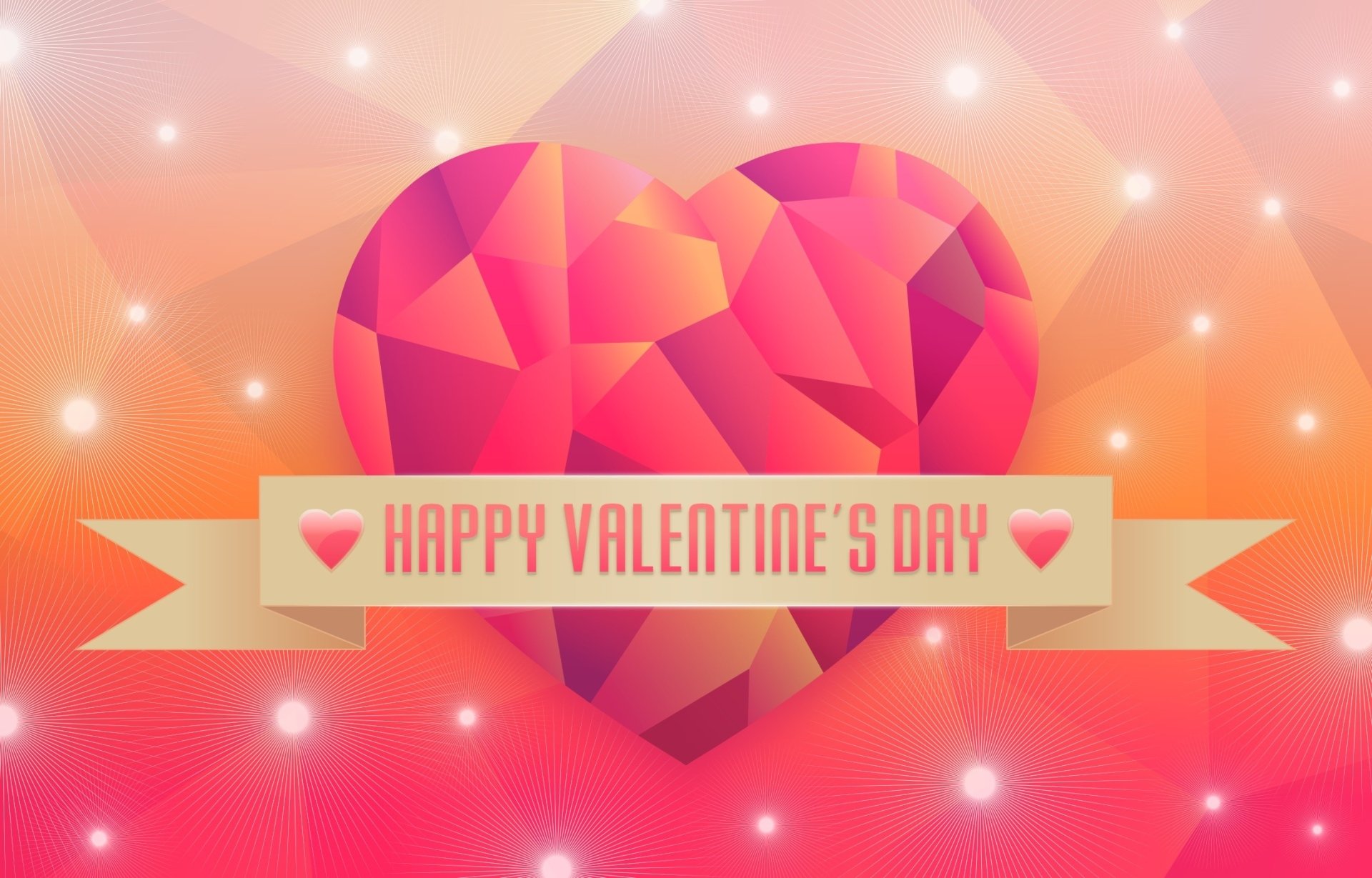 HD PC desktop wallpaper featuring a geometric heart and a Happy Valentine’s Day banner, capturing the holiday spirit with bright, festive colors.