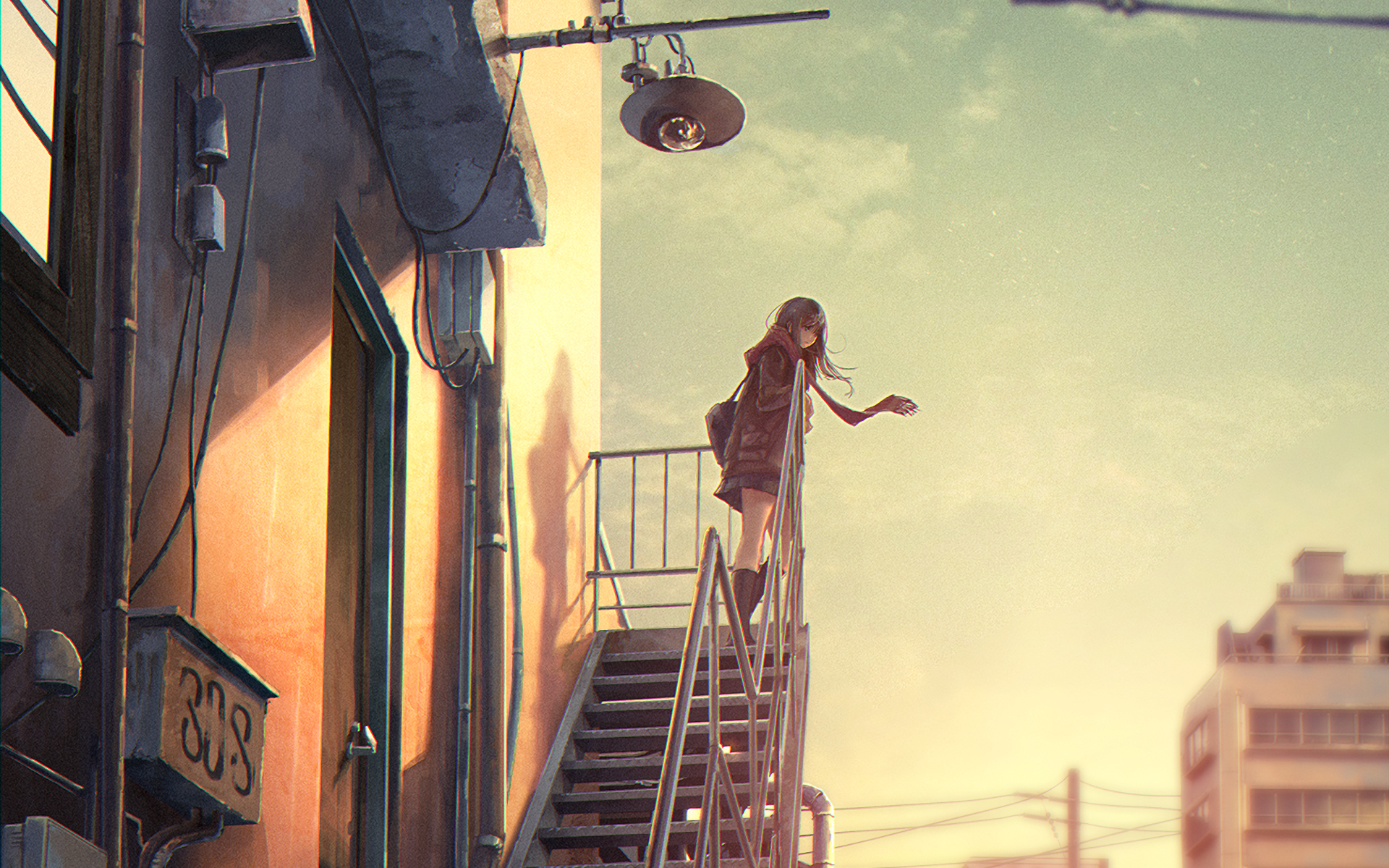 HD anime wallpaper featuring an original artwork of a character standing on an outdoor staircase, bathed in warm light against an urban backdrop.