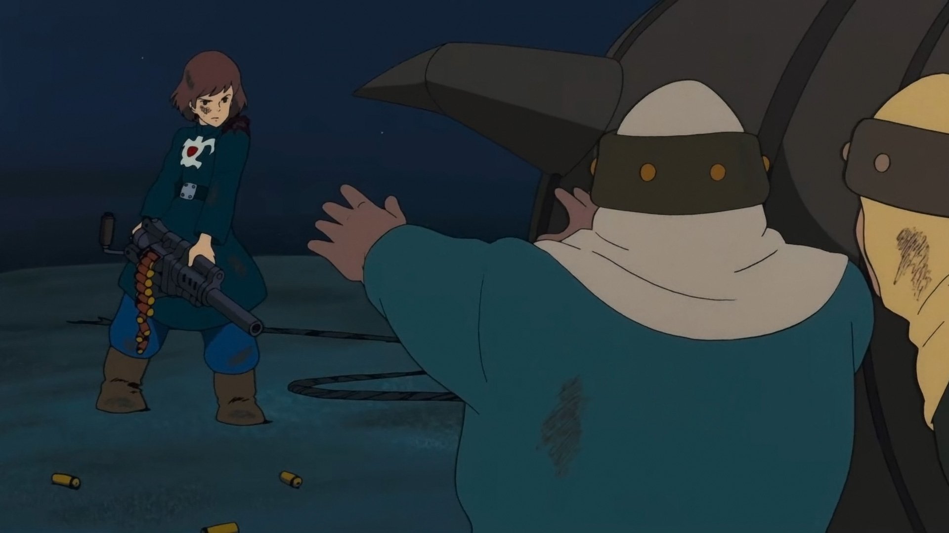 HD PC desktop wallpaper — anime scene from Nausicaa of the Valley of the Wind: the heroine aims a rifle at two masked, cloaked figures under a dark sky.