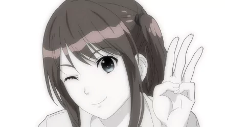 A high-definition wallpaper featuring Hikari Tsuneki from the anime Seiren, showcasing her playful expression and iconic peace sign gesture.