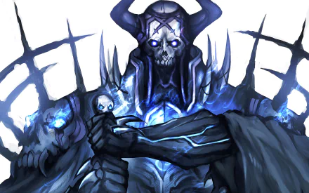 HD PC desktop wallpaper featuring King Hassan from the anime Fate/Grand Order, depicted with a dark, skeletal, and glowing blue aura.