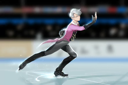 HD desktop wallpaper featuring Victor Nikiforov from the anime Yuri!!! on ICE, captured mid-performance on the ice rink with dynamic motion and vibrant detail.