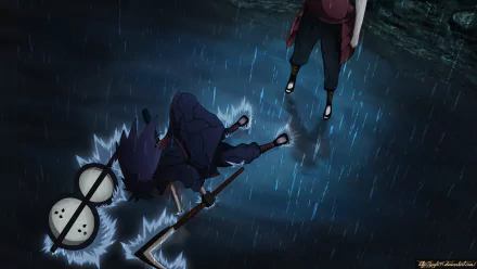 HD desktop wallpaper featuring Madara Uchiha and Hashirama Senju from the anime Naruto, displaying an intense battle scene in the rain.