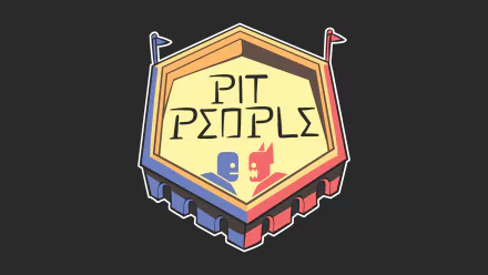 HD desktop wallpaper featuring the 'Pit People' game logo with two animated characters on a hexagonal battle stage.