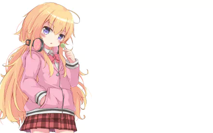 Gabriel Tenma White from Gabriel DropOut in HD, standing in a pink hoodie and plaid skirt, making a thoughtful expression. This anime wallpaper serves as a cute and engaging background.