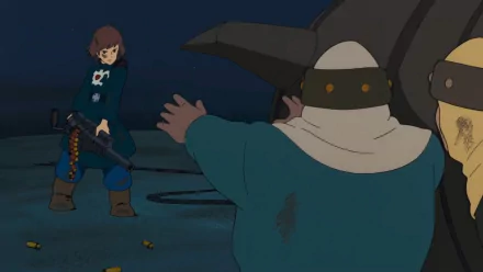 HD PC desktop wallpaper — anime scene from Nausicaa of the Valley of the Wind: the heroine aims a rifle at two masked, cloaked figures under a dark sky.