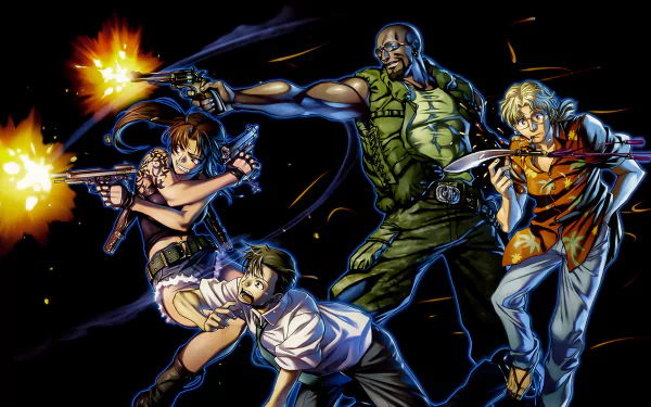 HD PC desktop wallpaper featuring dynamic characters from the anime Black Lagoon in an intense action scene with guns and combat poses against a dark background.