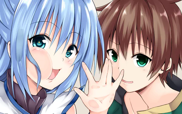 HD desktop wallpaper featuring Kazuma Satou and Aqua from KonoSuba: God's Blessing on This Wonderful World!! anime, showcasing vibrant colors and detailed artwork.
