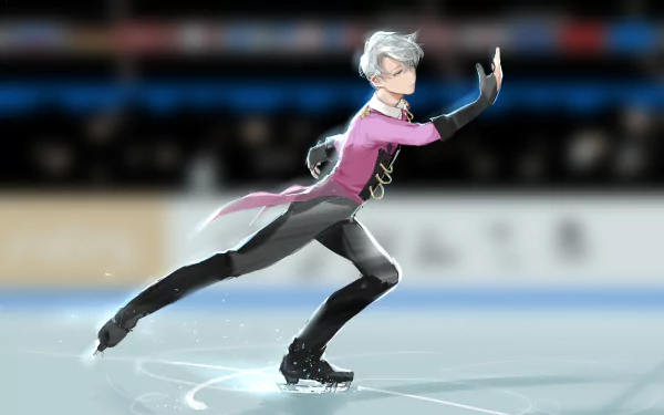 HD desktop wallpaper featuring Victor Nikiforov from the anime Yuri!!! on ICE, captured mid-performance on the ice rink with dynamic motion and vibrant detail.