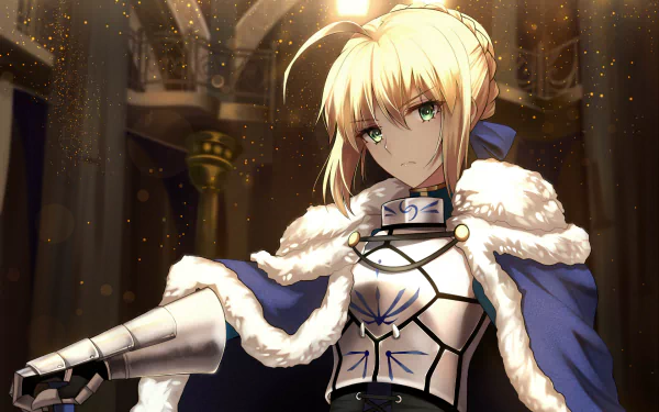 An HD desktop wallpaper featuring Saber from Fate/Stay Night. She has blonde hair, green eyes, and wears an armored outfit with a blue and white fur-trimmed cloak, standing confidently.