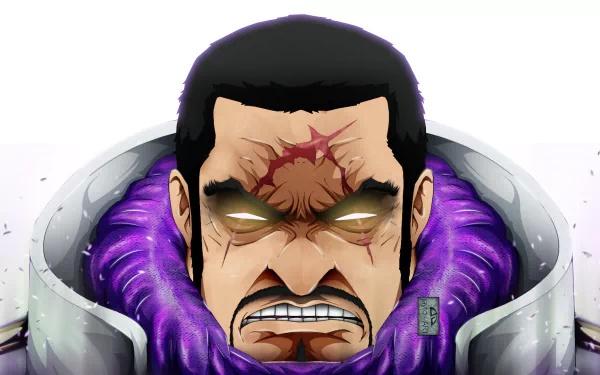 HD desktop wallpaper featuring Fujitora from the anime One Piece. The detailed artwork captures Fujitora's intimidating presence with glowing eyes and a distinctive scar on his forehead.