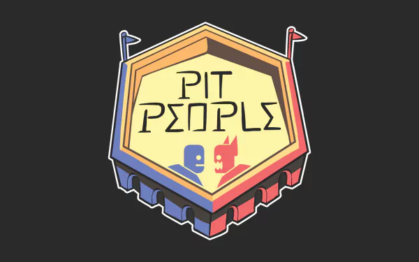 HD desktop wallpaper featuring the 'Pit People' game logo with two animated characters on a hexagonal battle stage.