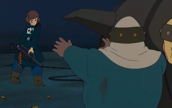 HD PC desktop wallpaper — anime scene from Nausicaa of the Valley of the Wind: the heroine aims a rifle at two masked, cloaked figures under a dark sky.