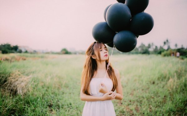 Women Asian Model Mood Brunette White Dress Balloon Depth Of Field HD Wallpaper | Background Image