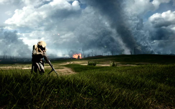 HD PC desktop wallpaper from the Battlefield 1 video game showing a soldier aiming a rifle on a battlefield under smoky skies with distant fires.
