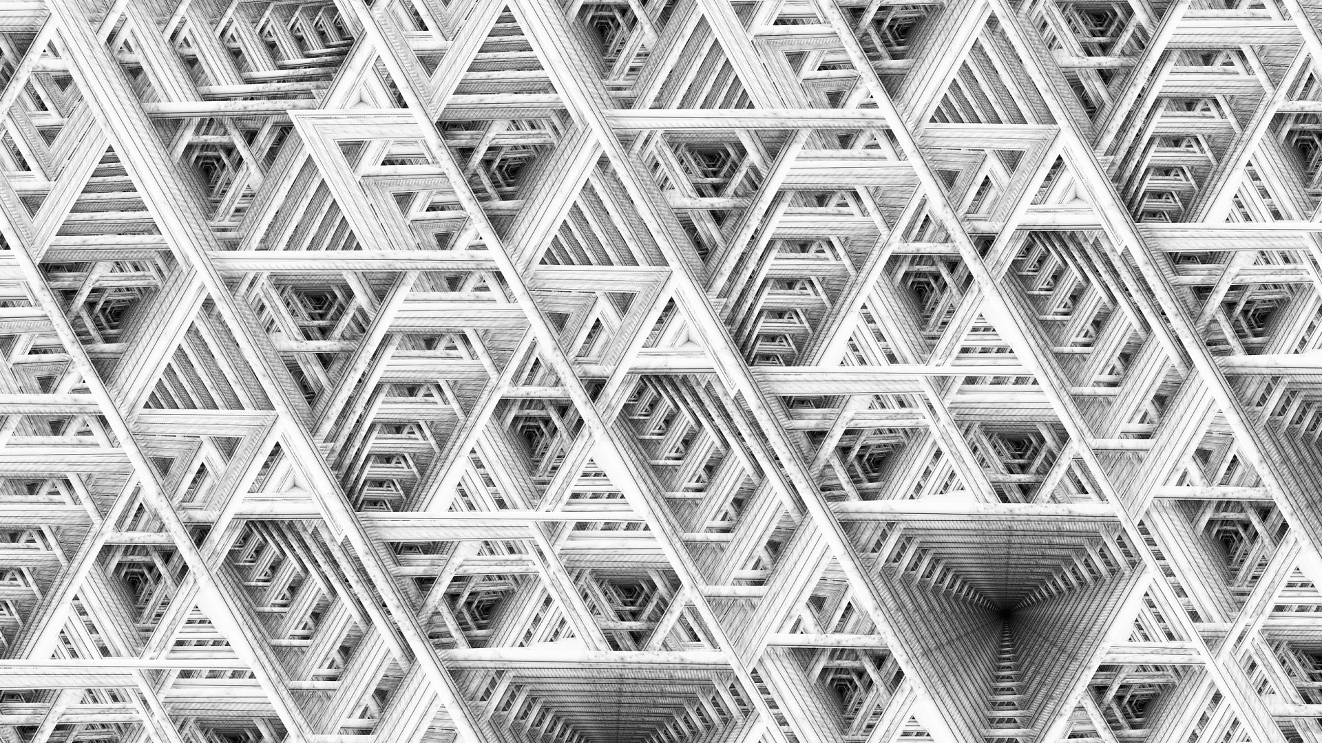 Black and white abstract fractal pattern of intricate, repeating triangular shapes forming a complex geometric design, rendered in high definition for PC desktop wallpaper.
