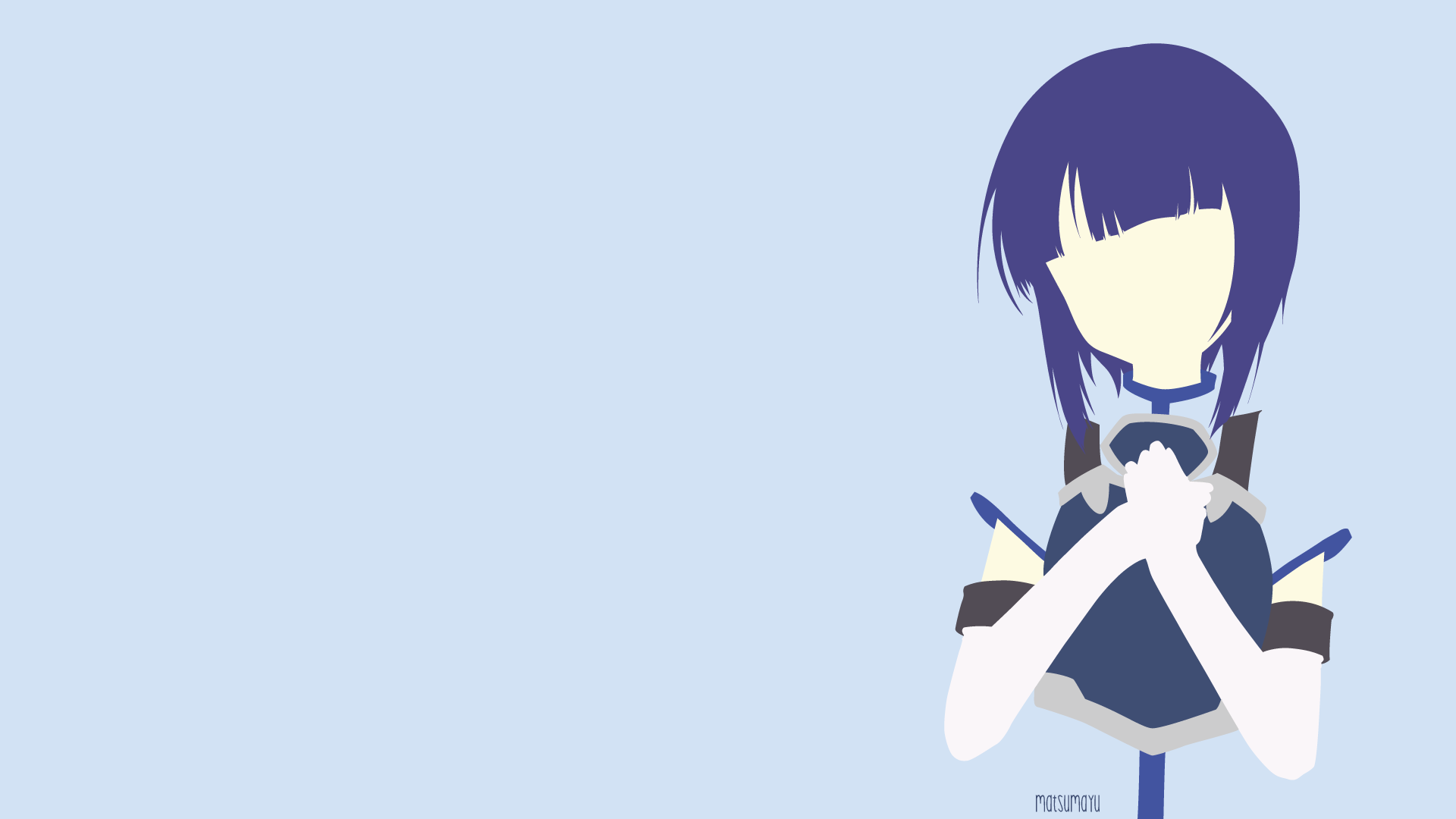 Minimalist anime HD PC wallpaper of Sachi from Sword Art Online: faceless stylized figure in blue armor holding hands to chest on a pale blue background.