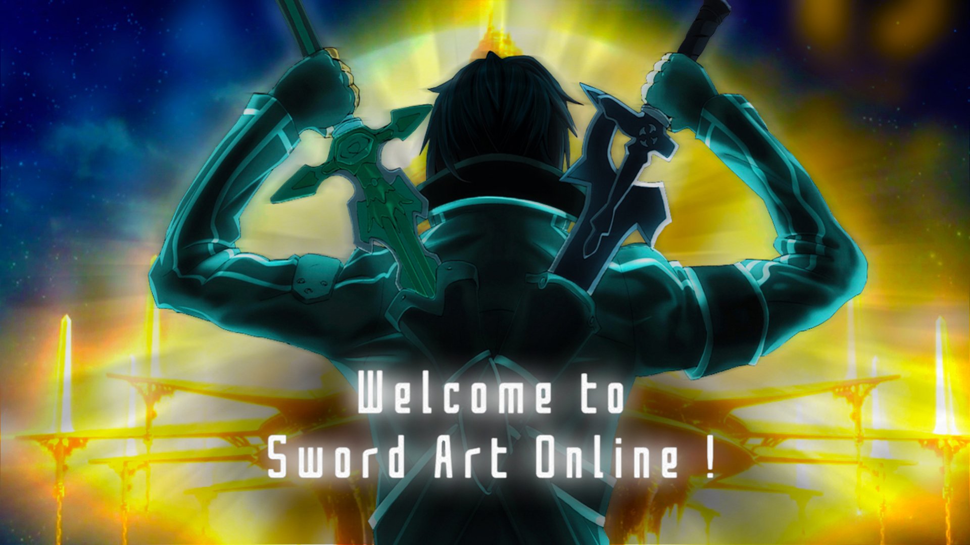 HD PC wallpaper of Kazuto Kirigaya (Kirito) from Sword Art Online: backlit silhouette wielding dual swords amid blue-green and gold lights, captioned Welcome to Sword Art Online!