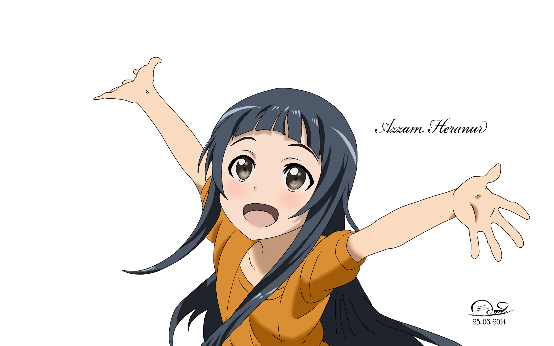 HD PC desktop wallpaper featuring Yui from the anime Sword Art Online, depicted with outstretched arms and a joyful expression against a white background.