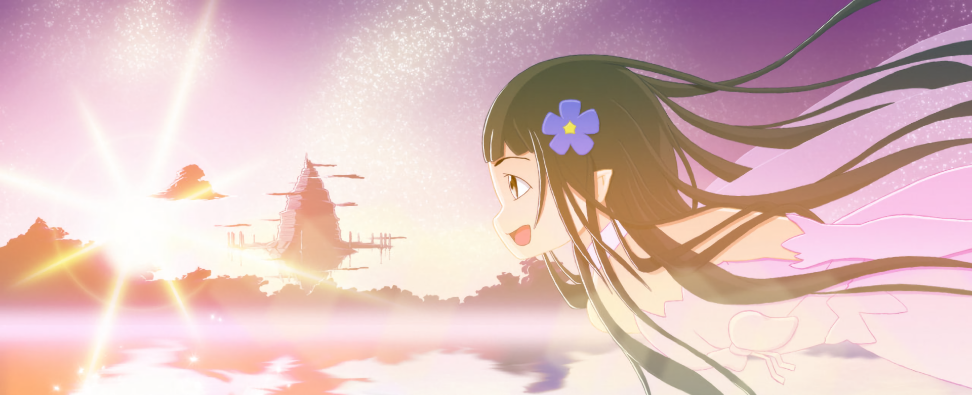 Yui (Sword Art Online) anime HD desktop wallpaper: cheerful Yui with a purple flower hairpin runs along a glowing lakeshore, wind-swept hair and a floating castle reflected in the water.