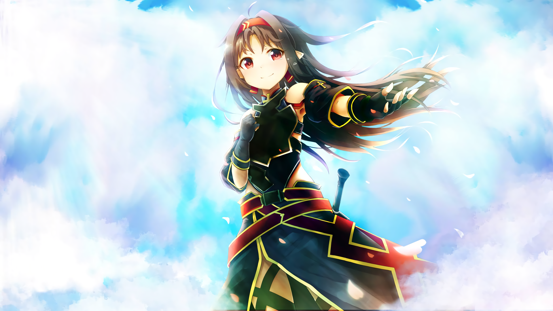 HD PC desktop wallpaper featuring Yuuki Konno from the anime Sword Art Online II, depicted in dynamic pose against a bright, cloudy sky background.