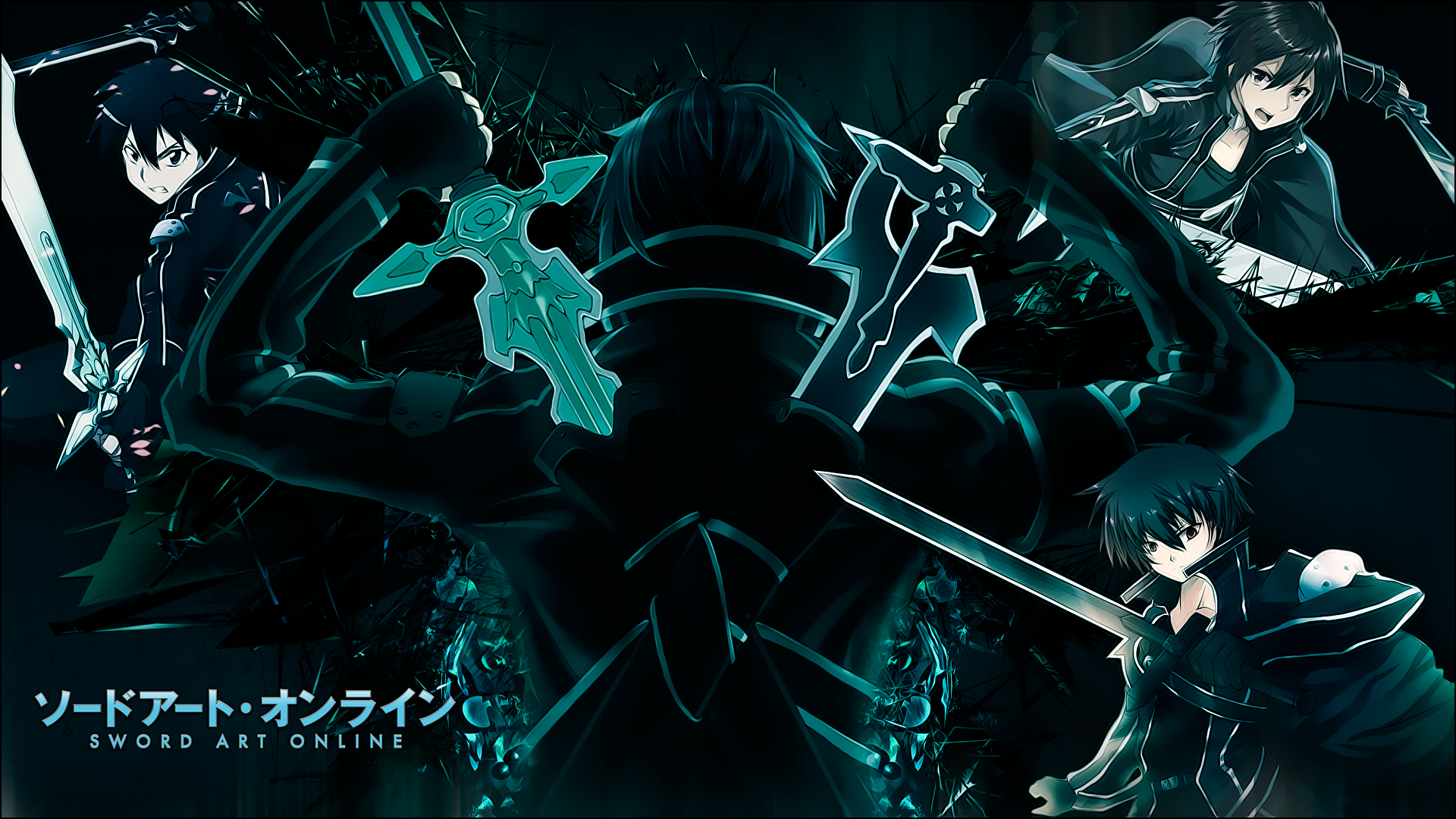 HD PC desktop wallpaper of Kirito (Kazuto Kirigaya) from Sword Art Online, anime-style, featuring multiple sword-wielding poses and the series logo on a dark teal background.