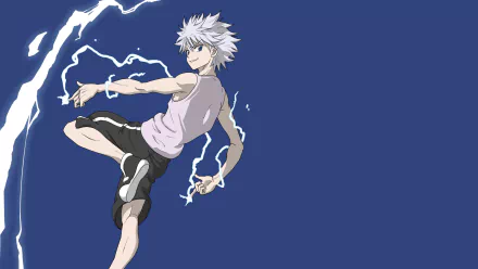 HD wallpaper of Killua Zoldyck from the anime Hunter x Hunter, showing him in action with electric sparks against a blue background.