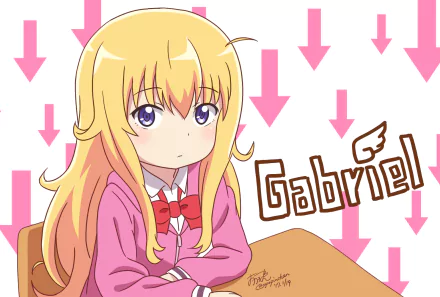 HD desktop wallpaper featuring Gabriel Tenma White from Gabriel DropOut. Gabriel, with blonde hair and blue eyes, is seated against a background of pink arrows pointing down.